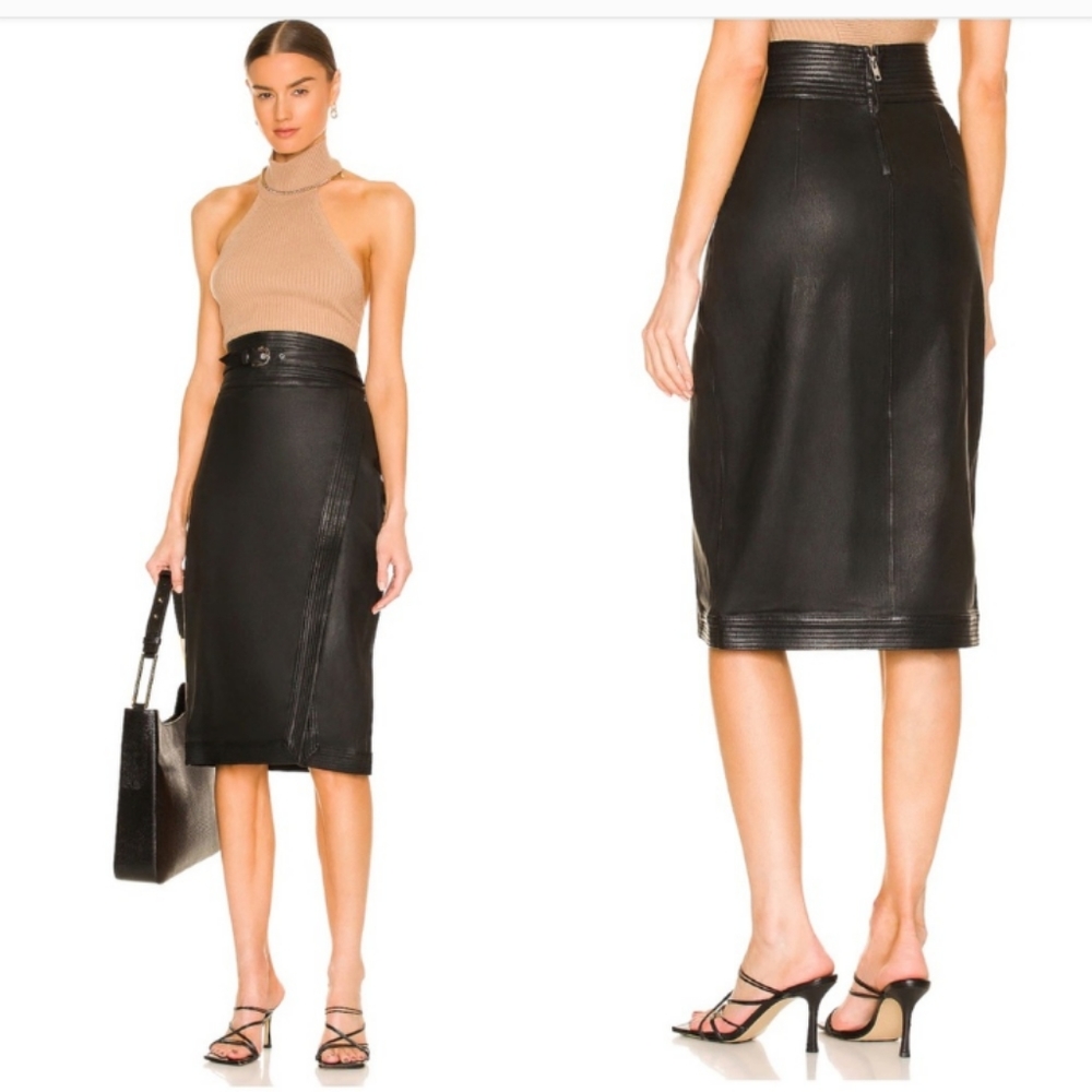 L’Academie Rylie Black Leather Midi Skirt REVOLVE